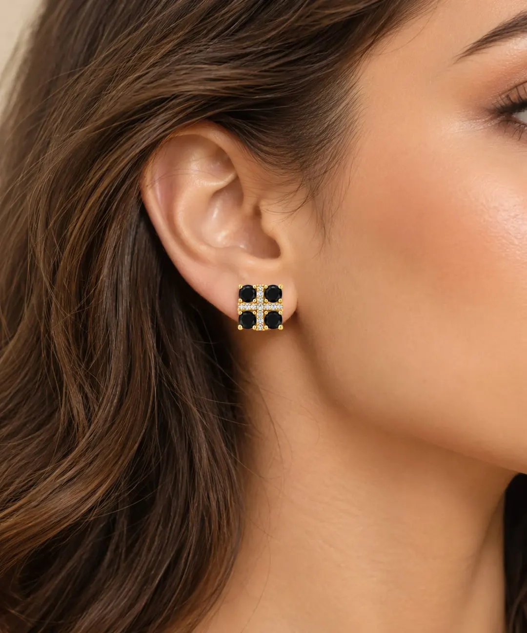 BLACK STONE GOLD-TONE SQUARE CROSS STUD EARRING 
