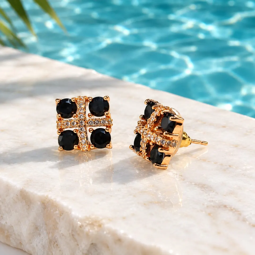 BLACK STONE GOLD-TONE SQUARE CROSS STUD EARRING 