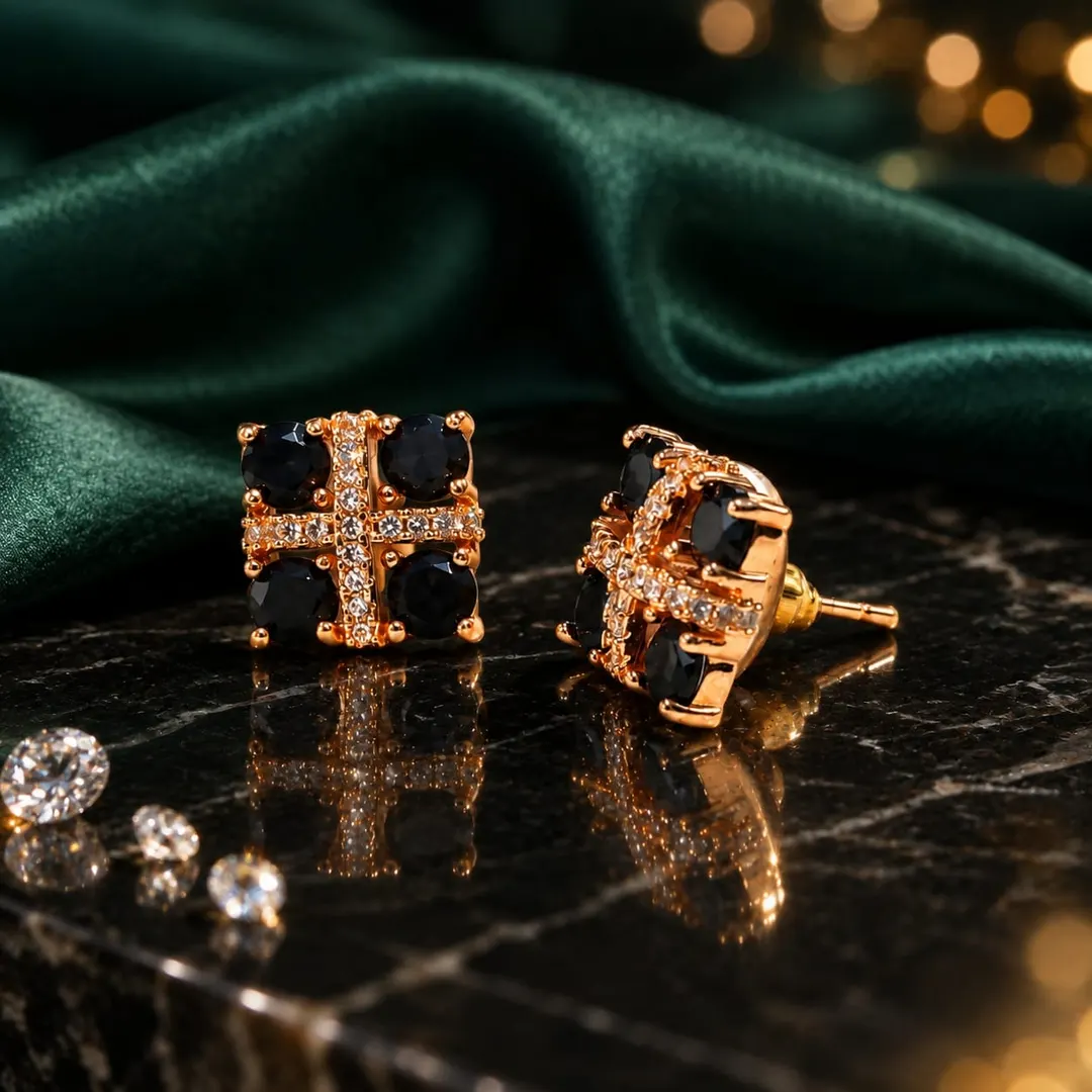 BLACK STONE GOLD-TONE SQUARE CROSS STUD EARRING 
