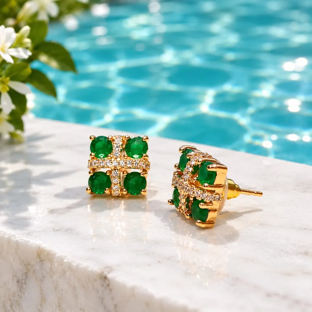 GREEN GEMSTONE SQUARE CROSS PATTERN STUD EARRING