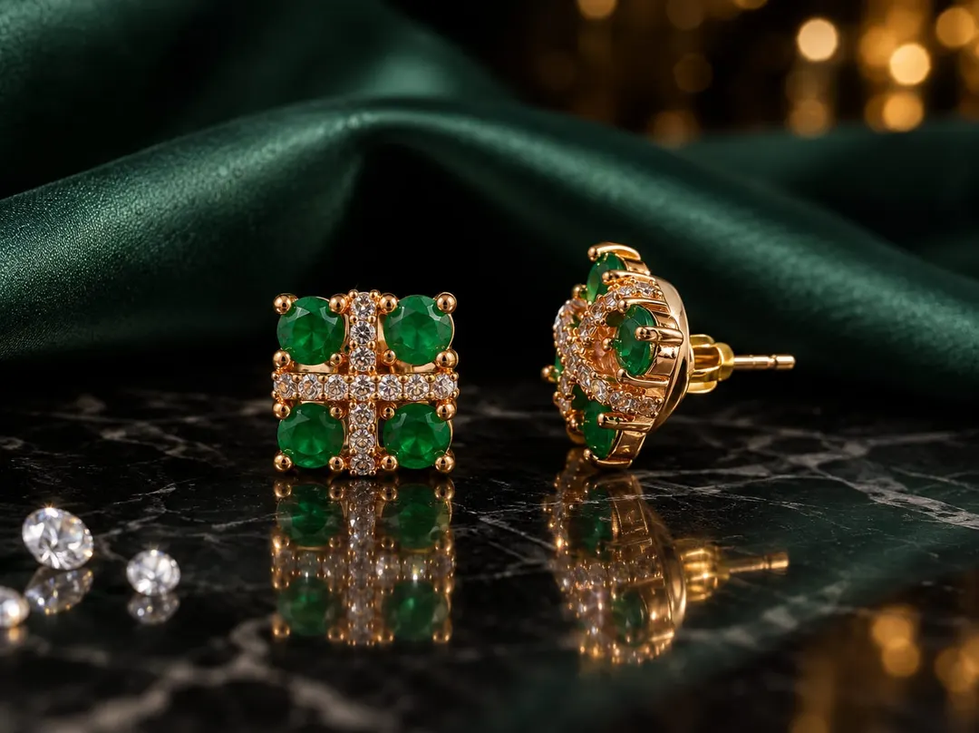 GREEN GEMSTONE SQUARE CROSS PATTERN STUD EARRING