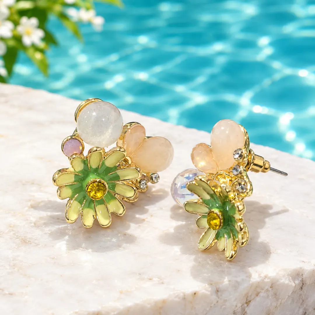 ELEGANT ENAMEL FLOWER & RHINSTONE STUD EARRINGS 