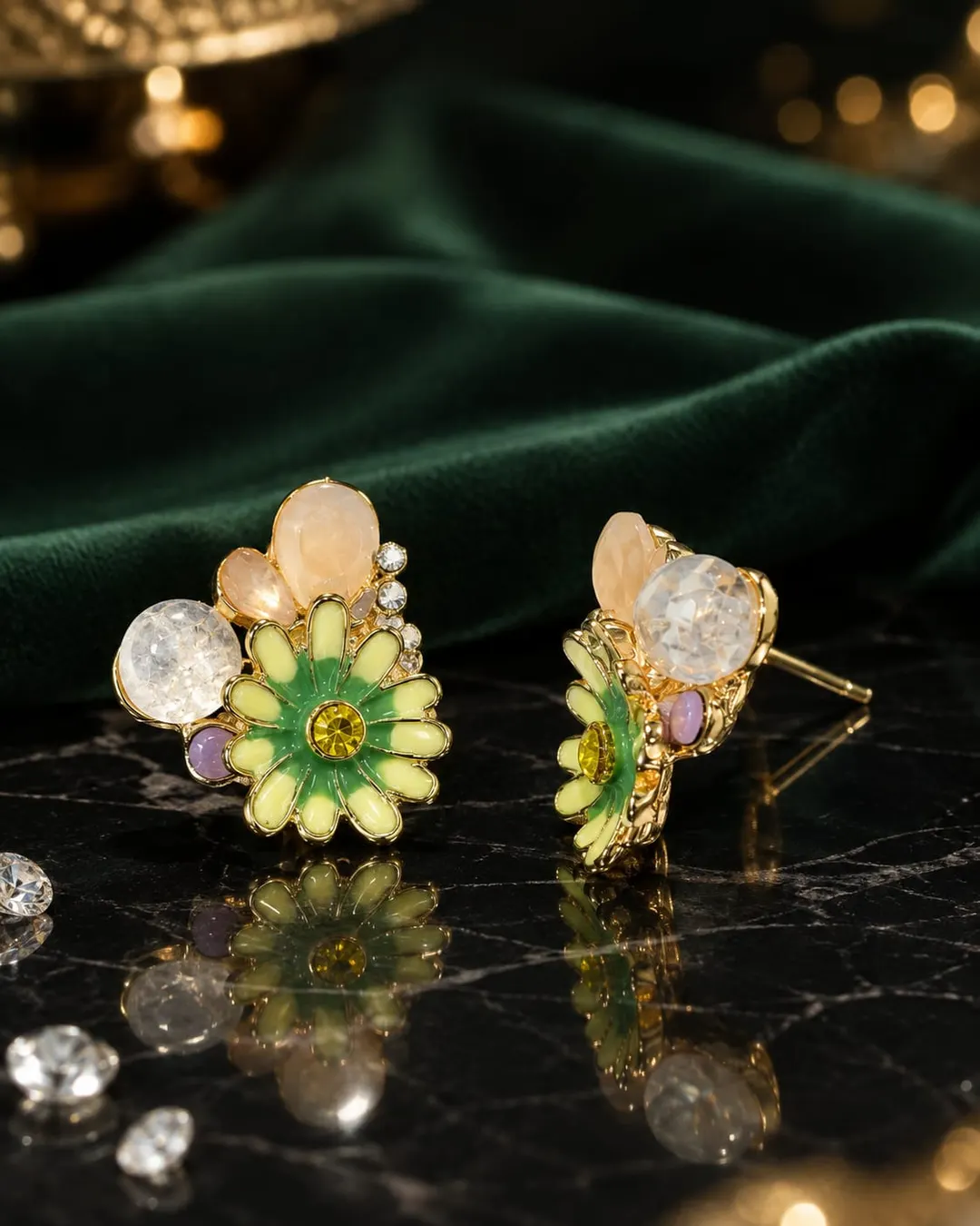 ELEGANT ENAMEL FLOWER & RHINSTONE STUD EARRINGS 