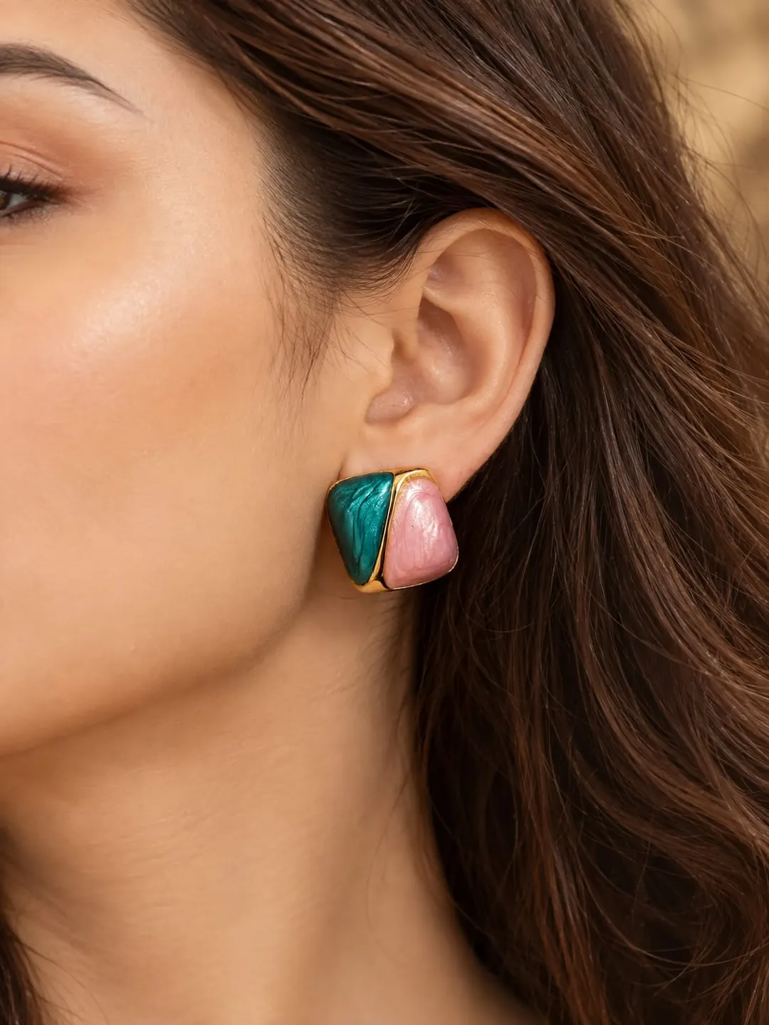 PASTEL PINK AND TEAL-BLUE ENAMEL STUD EARRINGS