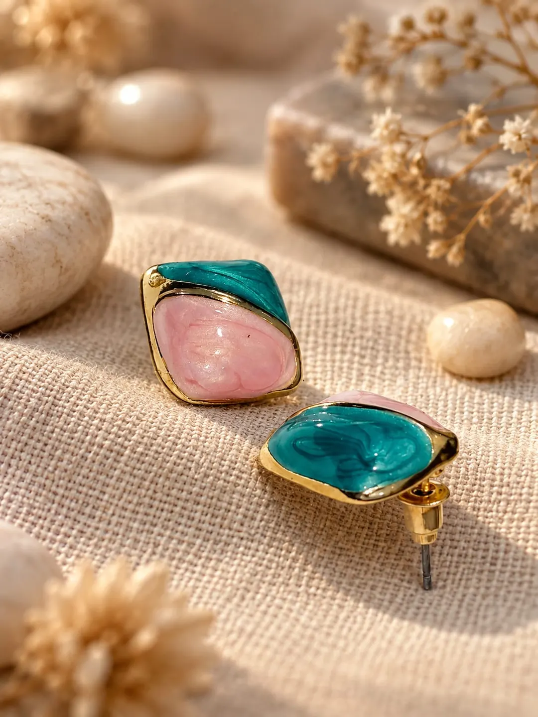 PASTEL PINK AND TEAL-BLUE ENAMEL STUD EARRINGS