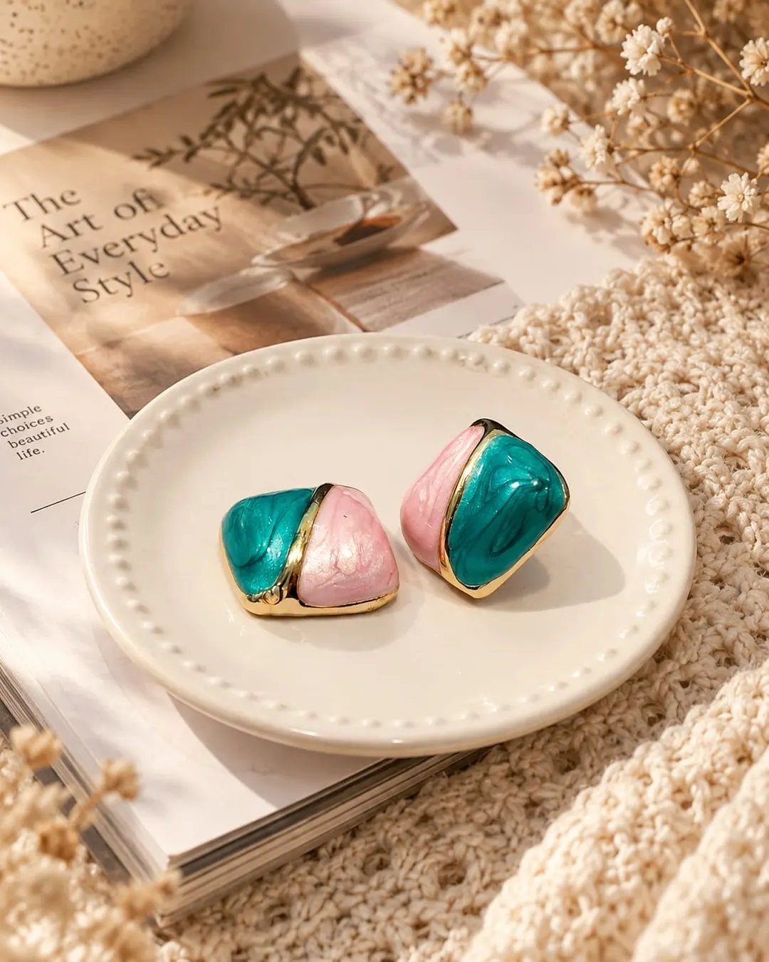 PASTEL PINK AND TEAL-BLUE ENAMEL STUD EARRINGS
