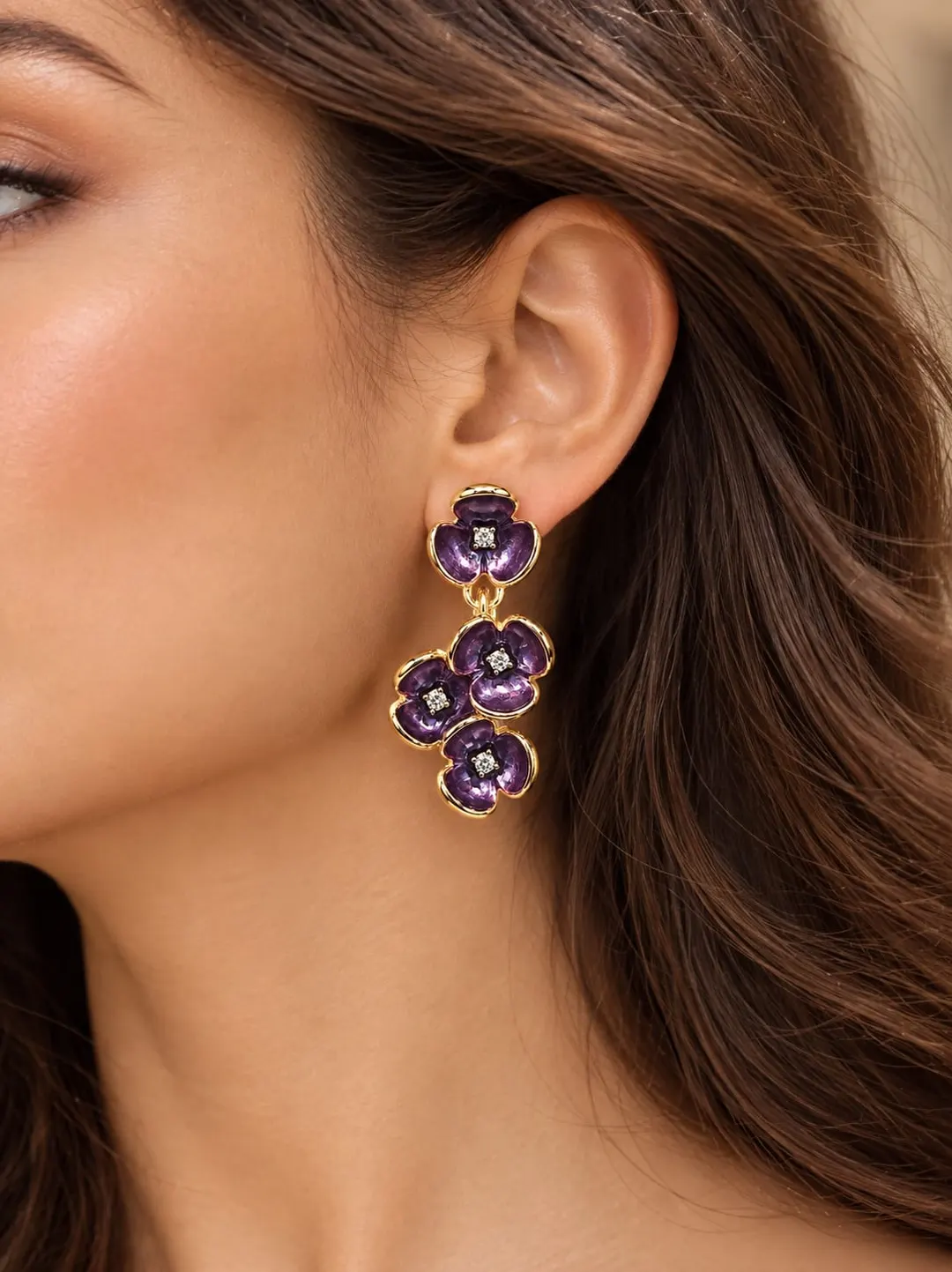 PURPLE ENAMEL FLORAL DROP EARRING WITH GOLG PALTED 
