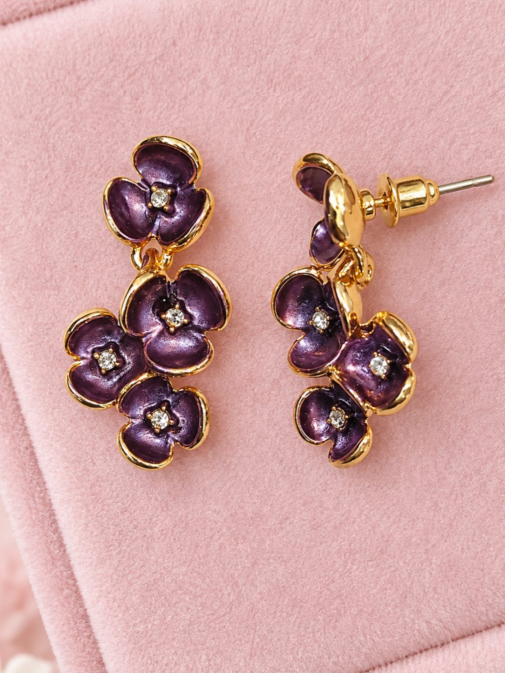 PURPLE ENAMEL FLORAL DROP EARRING WITH GOLG PALTED 