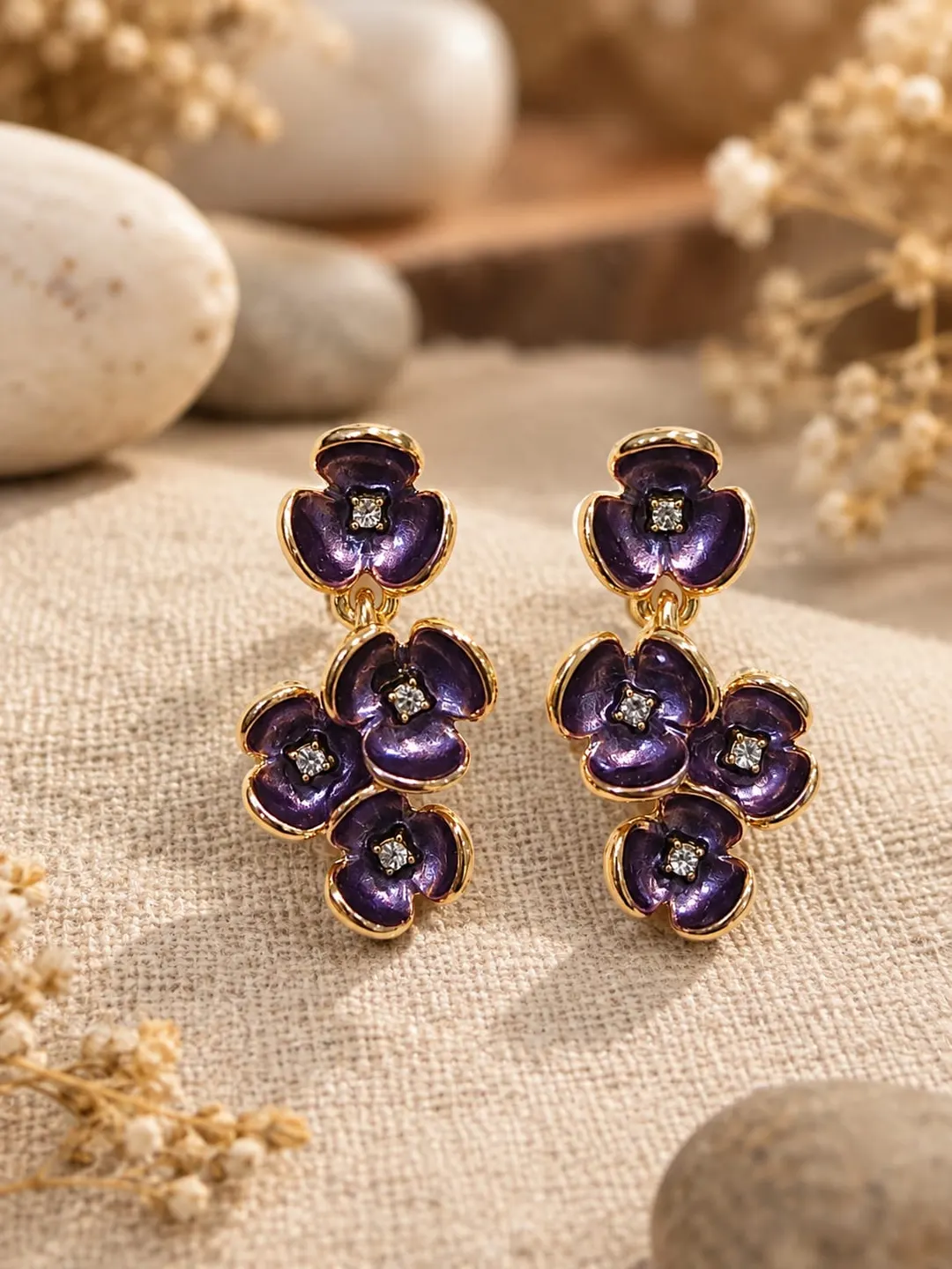 PURPLE ENAMEL FLORAL DROP EARRING WITH GOLG PALTED 