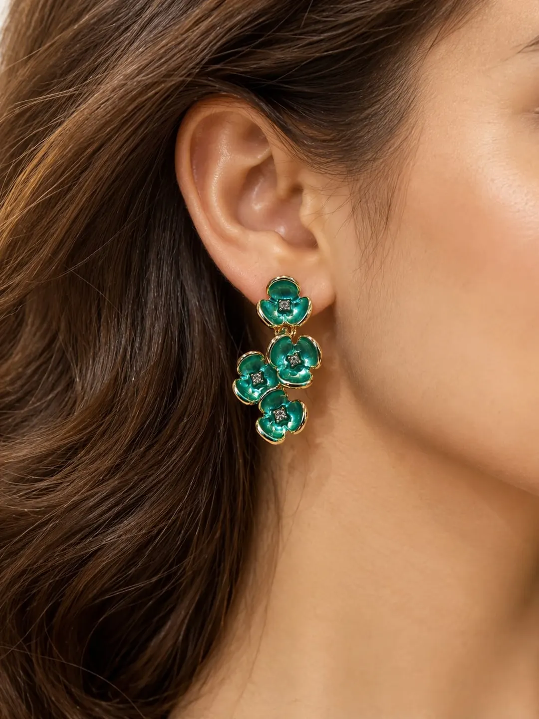 TEAL GREEN ENAMEL FLOWER CLUSTER STUD GOLD TONE FLORAL  EARRING 