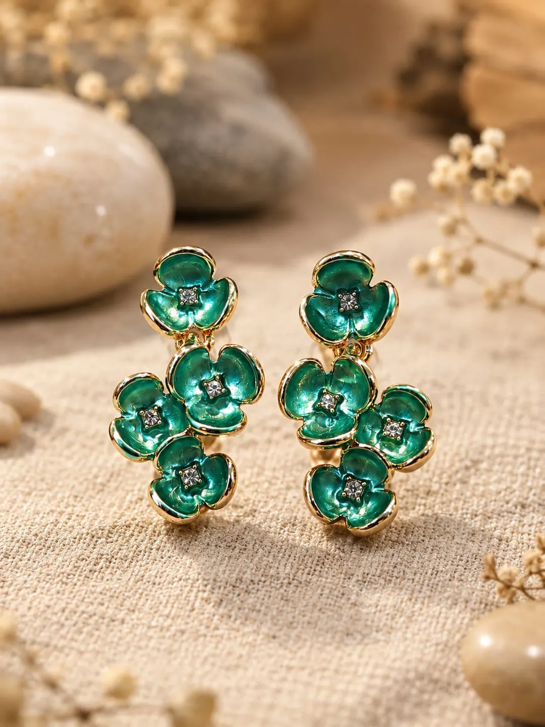 TEAL GREEN ENAMEL FLOWER CLUSTER STUD GOLD TONE FLORAL  EARRING 