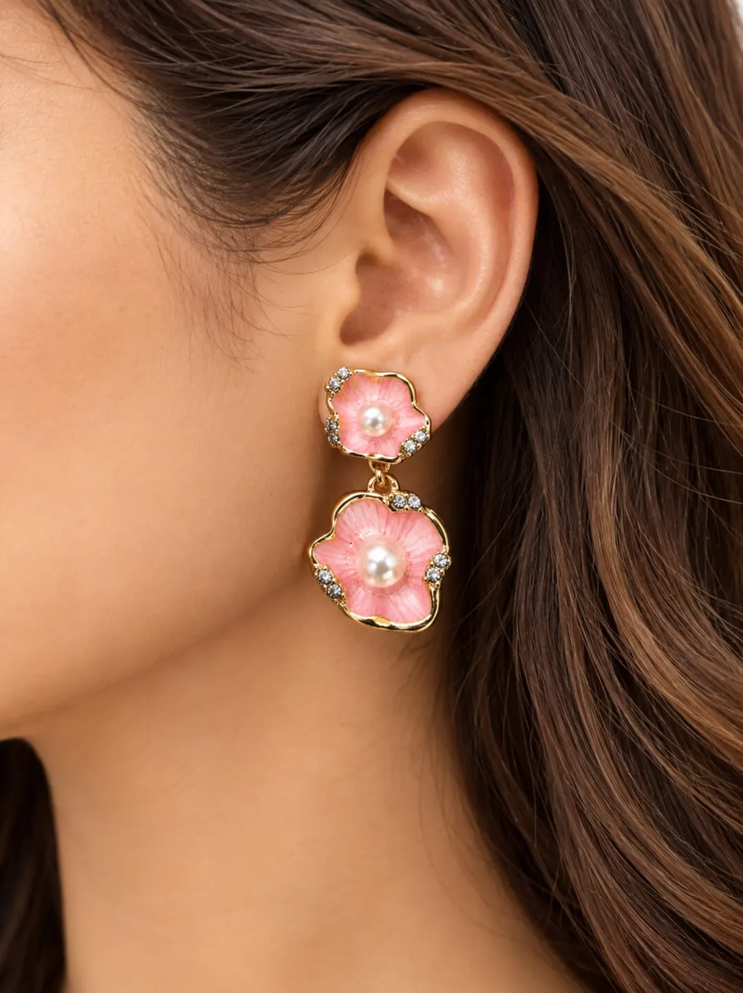 GOLD PLATED PINK DRUZY QUARTZ DOUBLE DROP STATEMENT EARRING 