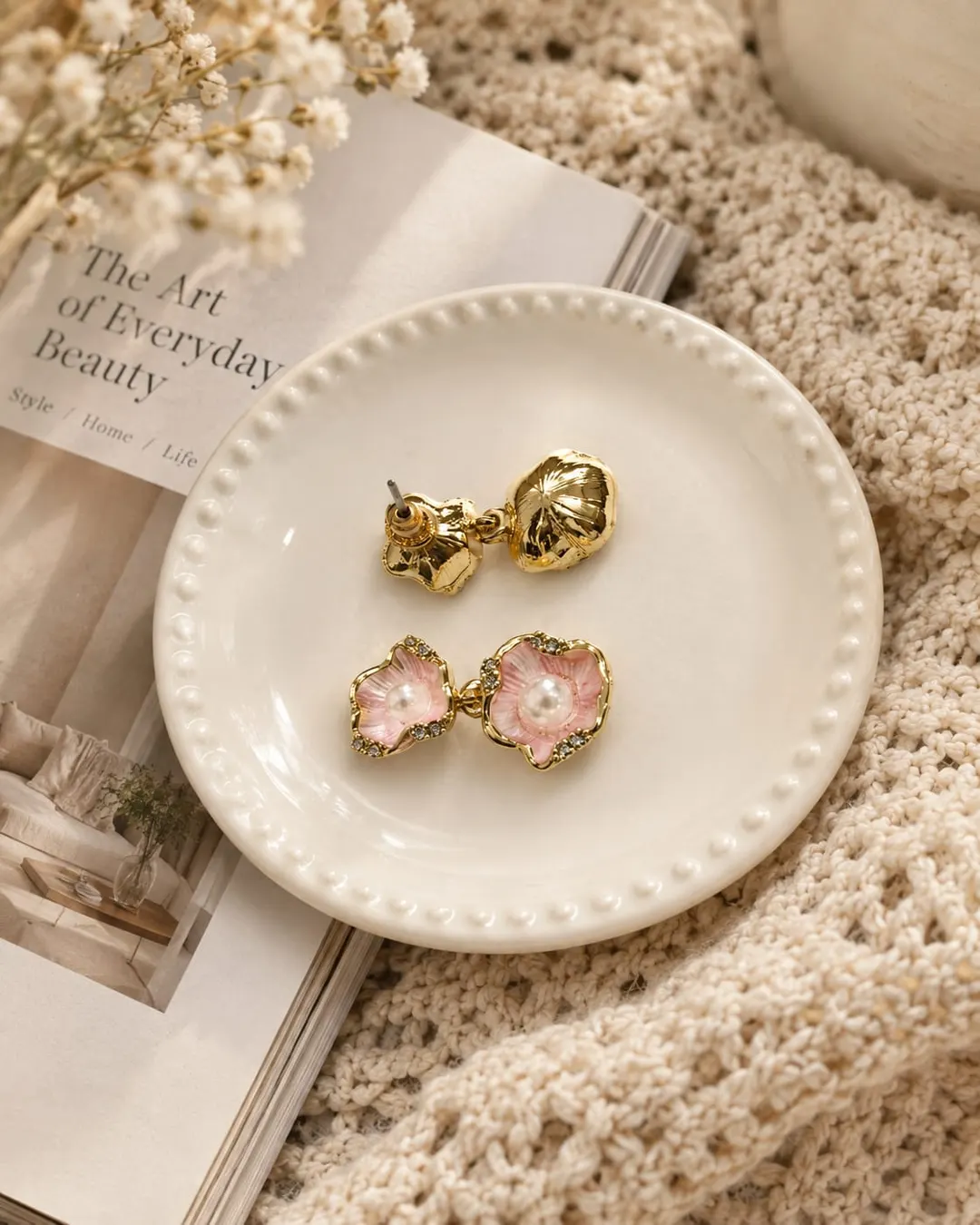 GOLD PLATED PINK DRUZY QUARTZ DOUBLE DROP STATEMENT EARRING 
