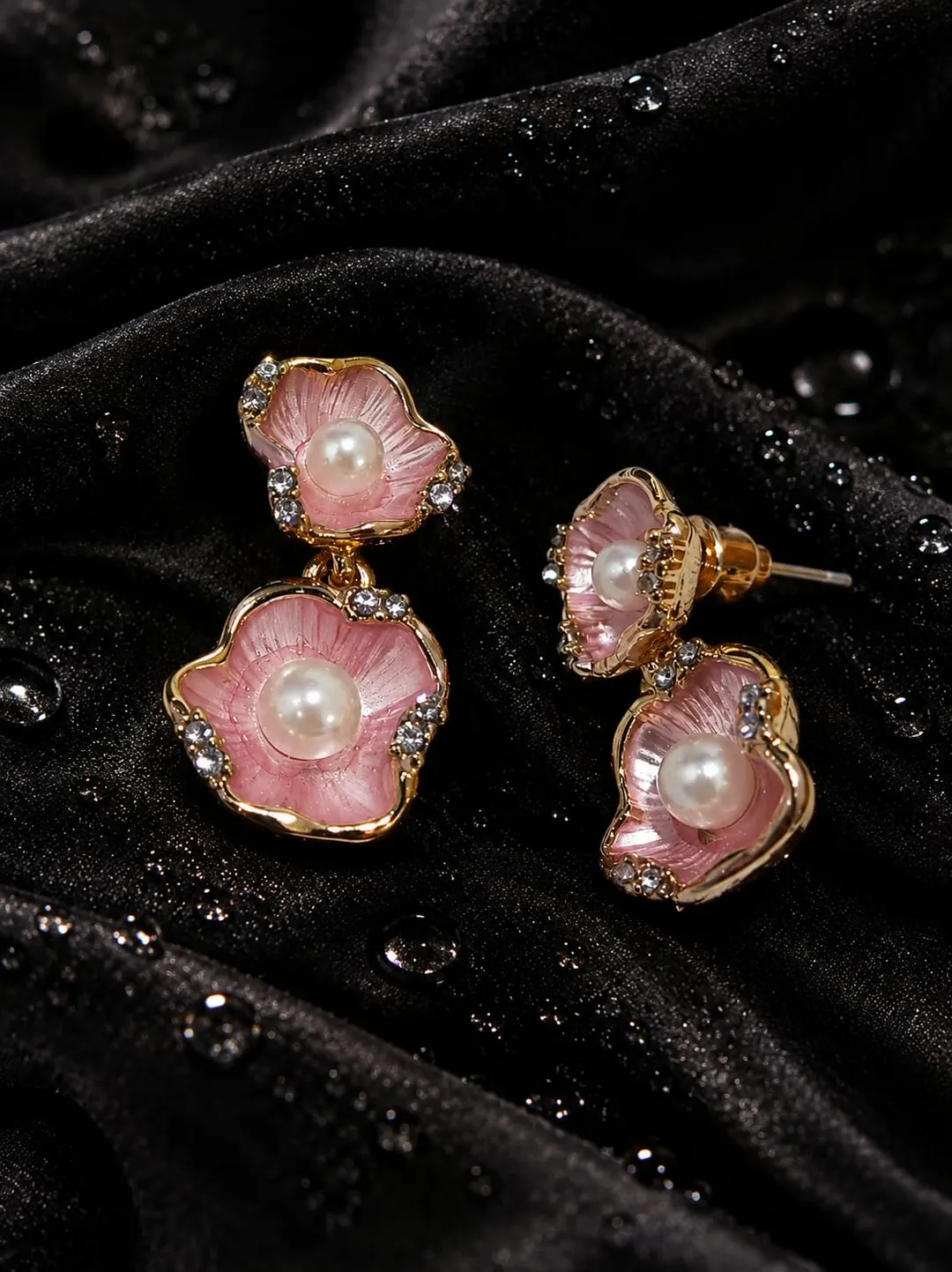 GOLD PLATED PINK DRUZY QUARTZ DOUBLE DROP STATEMENT EARRING 