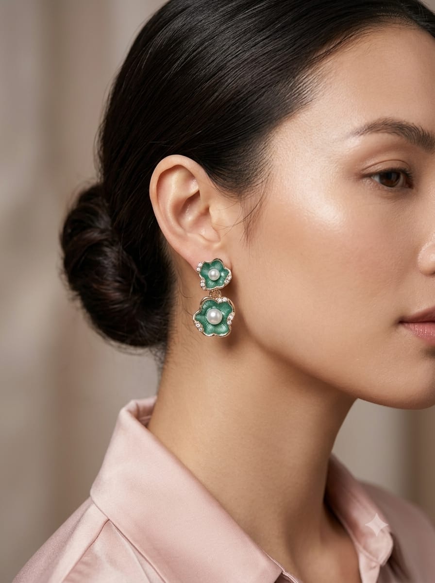 GOLD PALTED GREEN ENAMEL DOUBLE FLOWER EARRING 