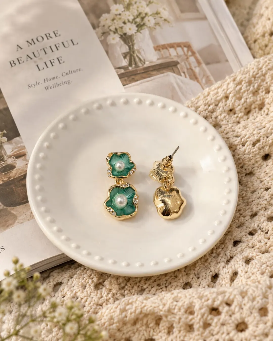 GOLD PALTED GREEN ENAMEL DOUBLE FLOWER EARRING 
