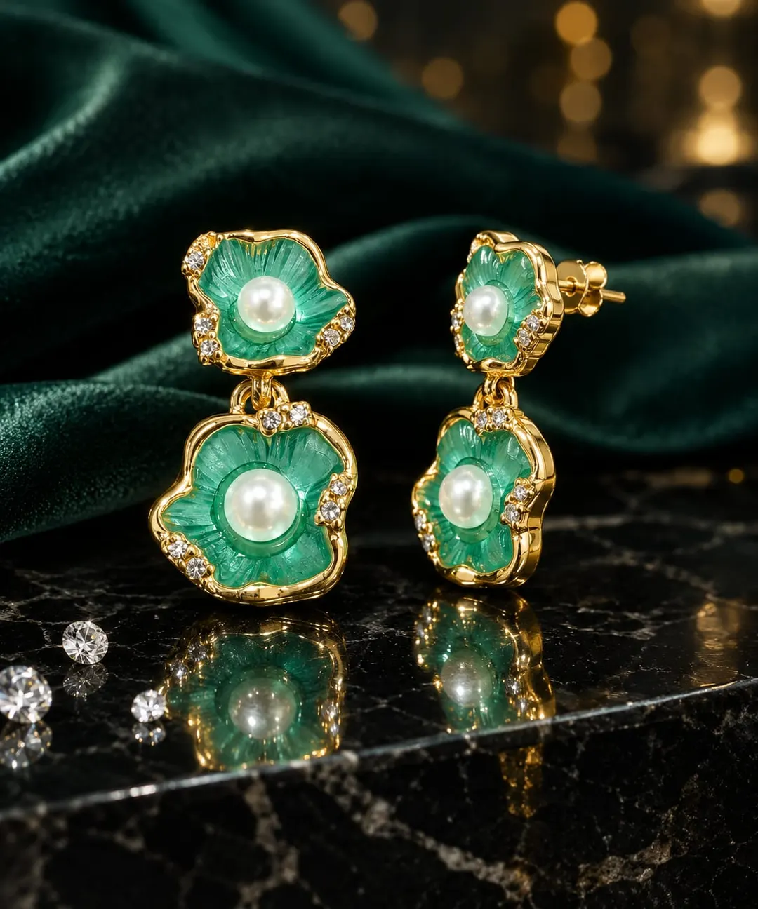 GOLD PALTED GREEN ENAMEL DOUBLE FLOWER EARRING 