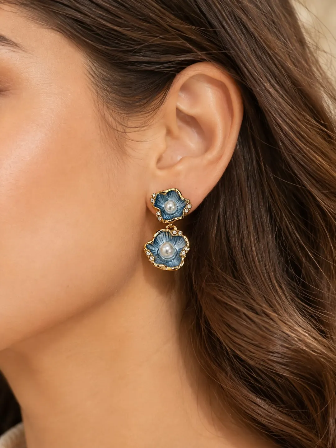 ROYAL BLUE MEENAKRI DOUBLE FLOWER DANGLE EARRINGS 