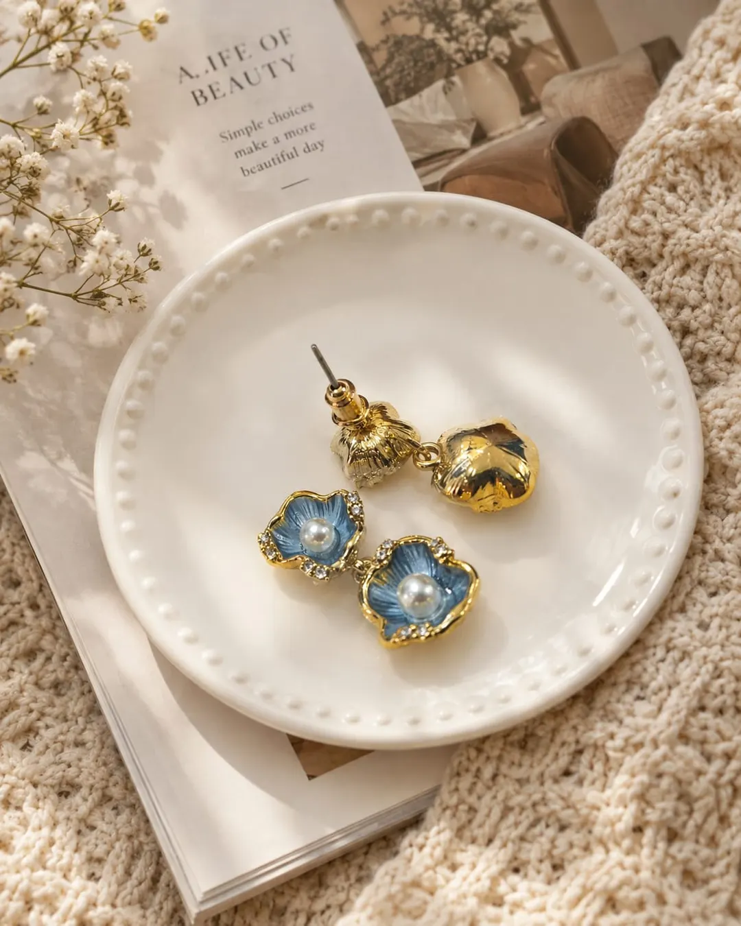 ROYAL BLUE MEENAKRI DOUBLE FLOWER DANGLE EARRINGS 