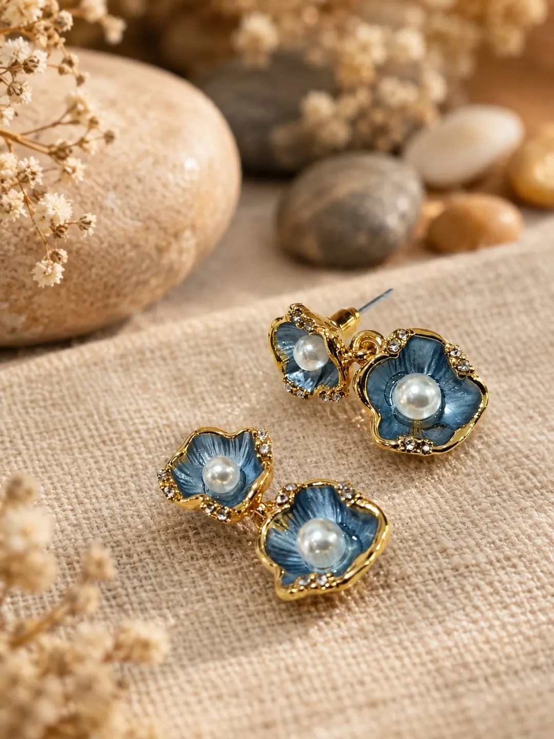 ROYAL BLUE MEENAKRI DOUBLE FLOWER DANGLE EARRINGS 