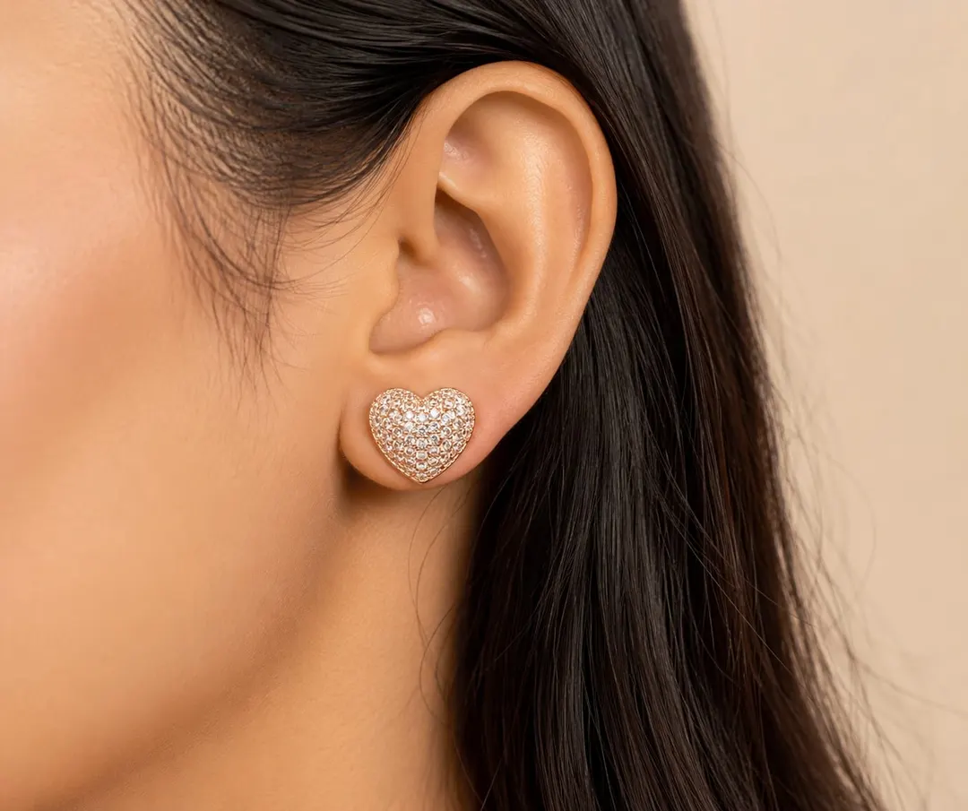 ROSE GOLD PLATED  HEART EARRING WITH SPARKLING CUBIN ZIRCONIA STONE