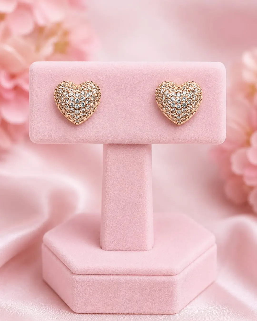 ROSE GOLD PLATED  HEART EARRING WITH SPARKLING CUBIN ZIRCONIA STONE