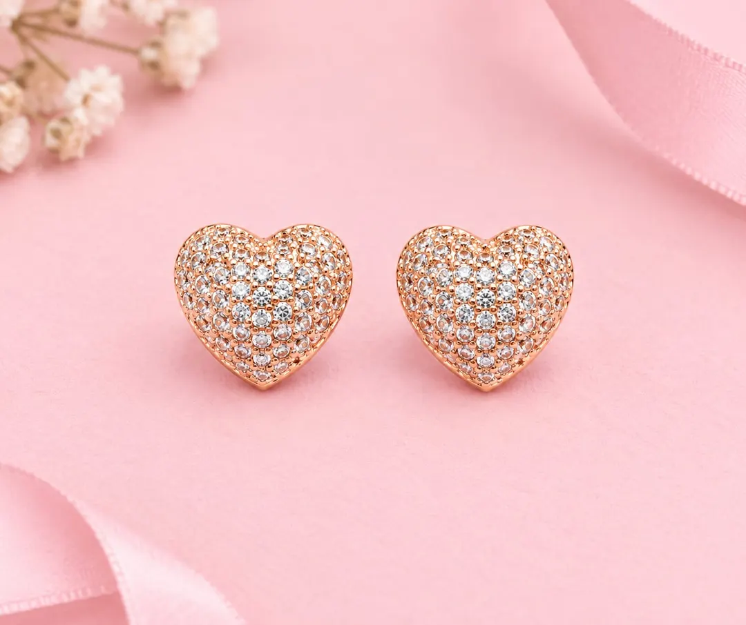ROSE GOLD PLATED  HEART EARRING WITH SPARKLING CUBIN ZIRCONIA STONE