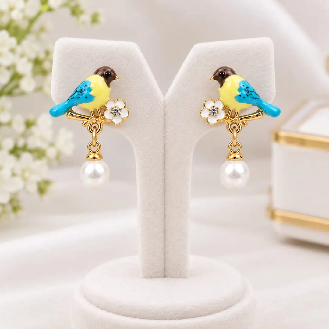 ENAMEL BIRD ON BRANCH PREAL DROP EARRING  