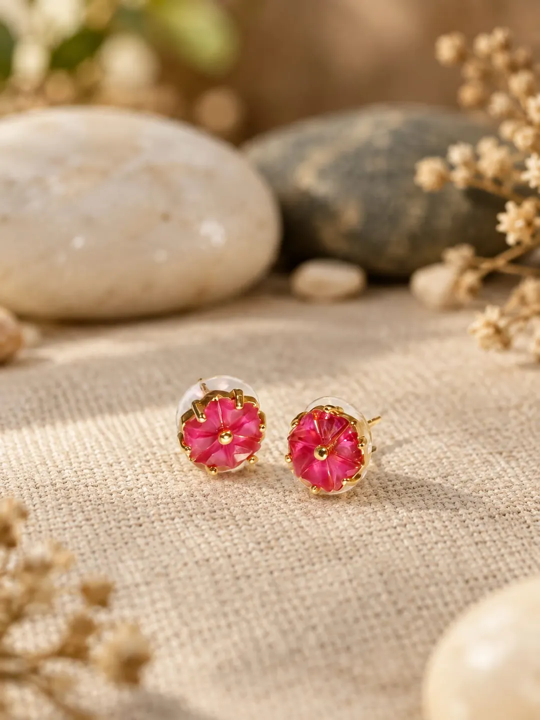 PINK FLORAL STONE STUD EARRINGS