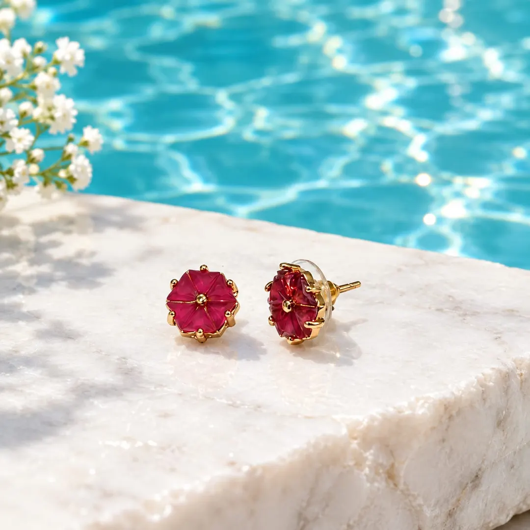PINK FLORAL STONE STUD EARRINGS
