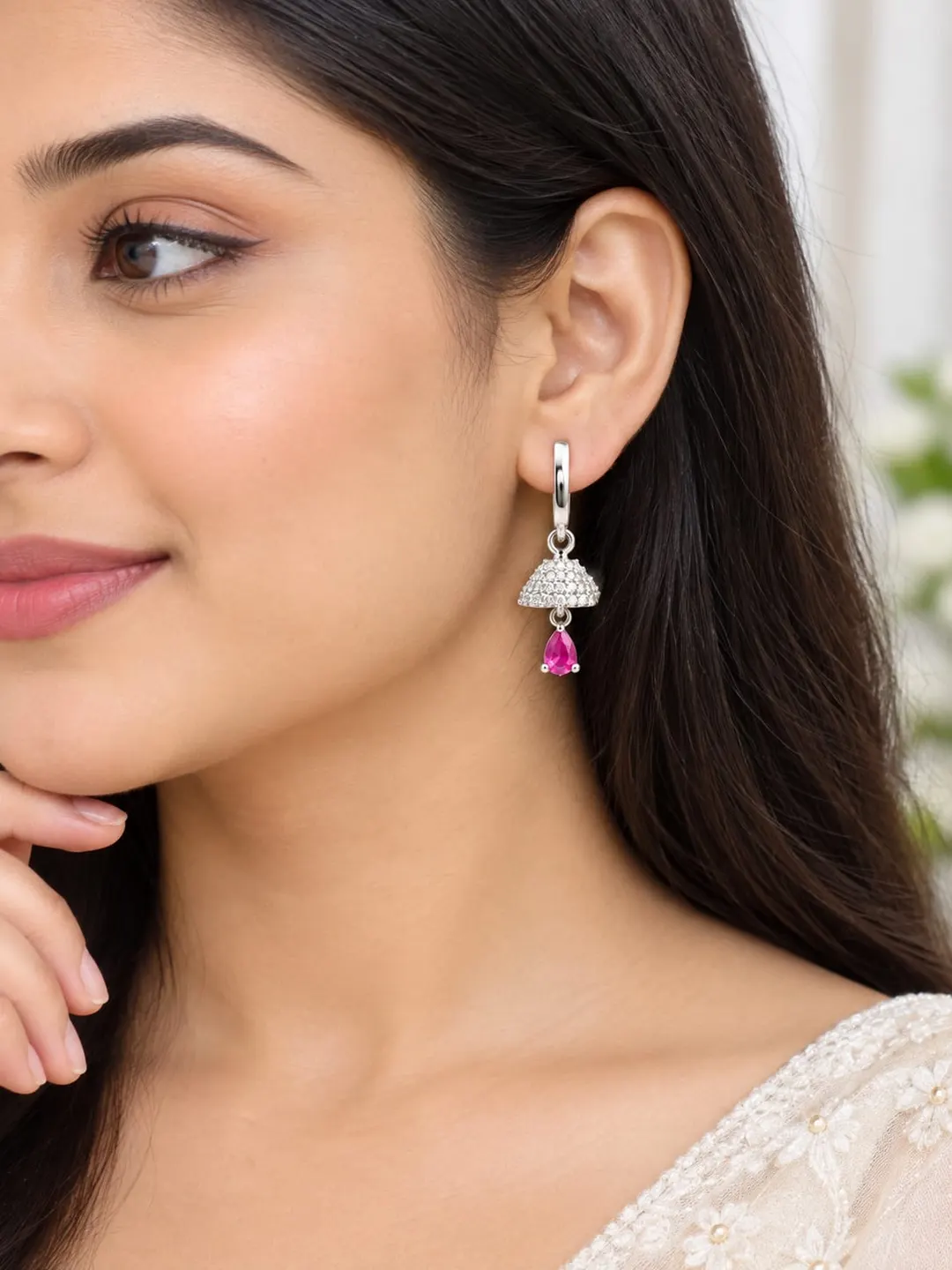 SILVER PLATED CZ UMBRELLA DANGLE HUGGIE HOOP EARRINGS WITH PINK TEARDROP CRYSTAL 