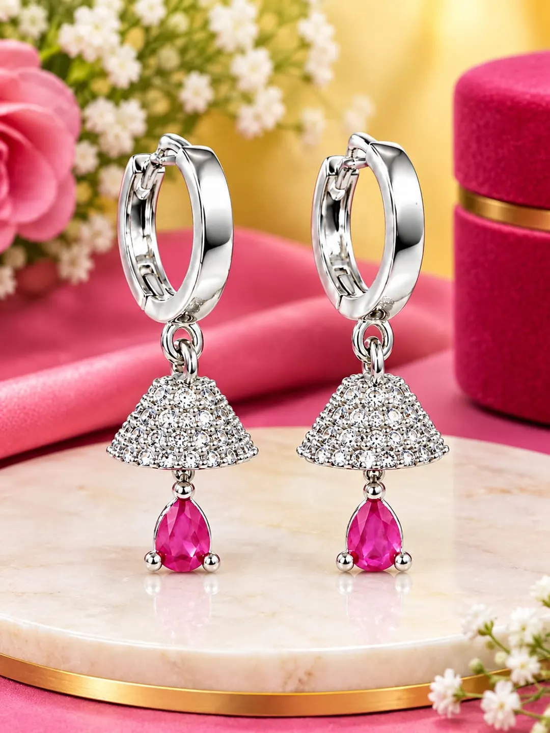 SILVER PLATED CZ UMBRELLA DANGLE HUGGIE HOOP EARRINGS WITH PINK TEARDROP CRYSTAL 