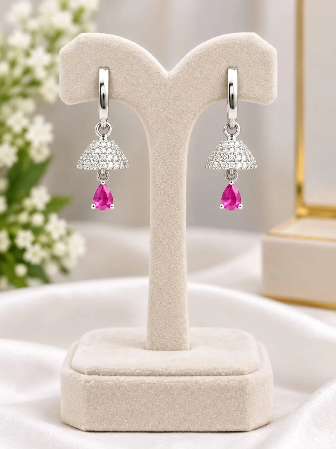 SILVER PLATED CZ UMBRELLA DANGLE HUGGIE HOOP EARRINGS WITH PINK TEARDROP CRYSTAL 