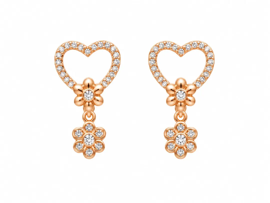 SPARKLY HEART & FLOWER DANGLE EARRINGS