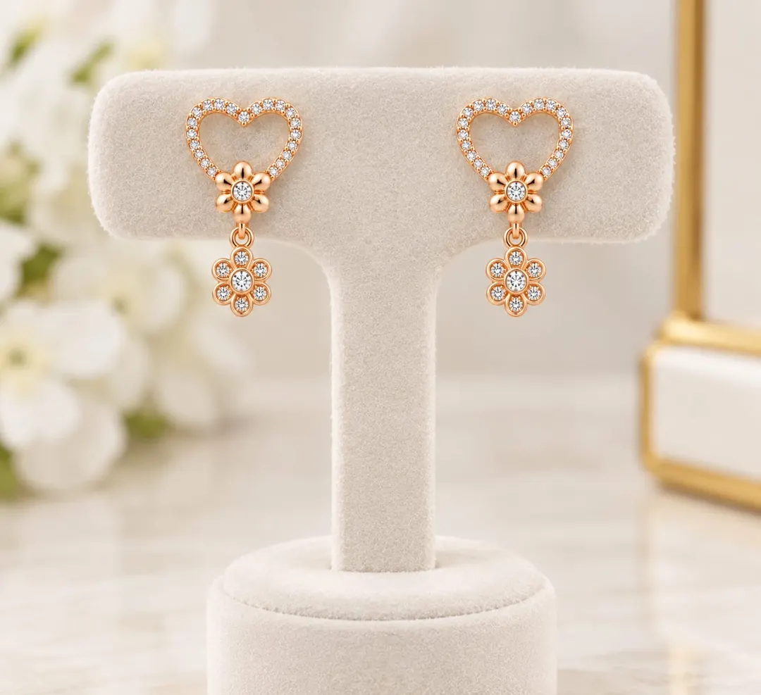 SPARKLY HEART  & FLOWER DANGLE EARRINGS
