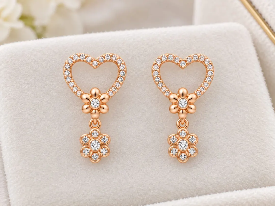 SPARKLY HEART  & FLOWER DANGLE EARRINGS