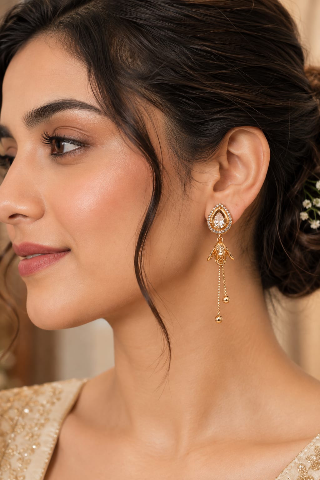 CRYSTAL TREADROP DANGLE EARRINGS WITH CHARM & CHAIN DROP 