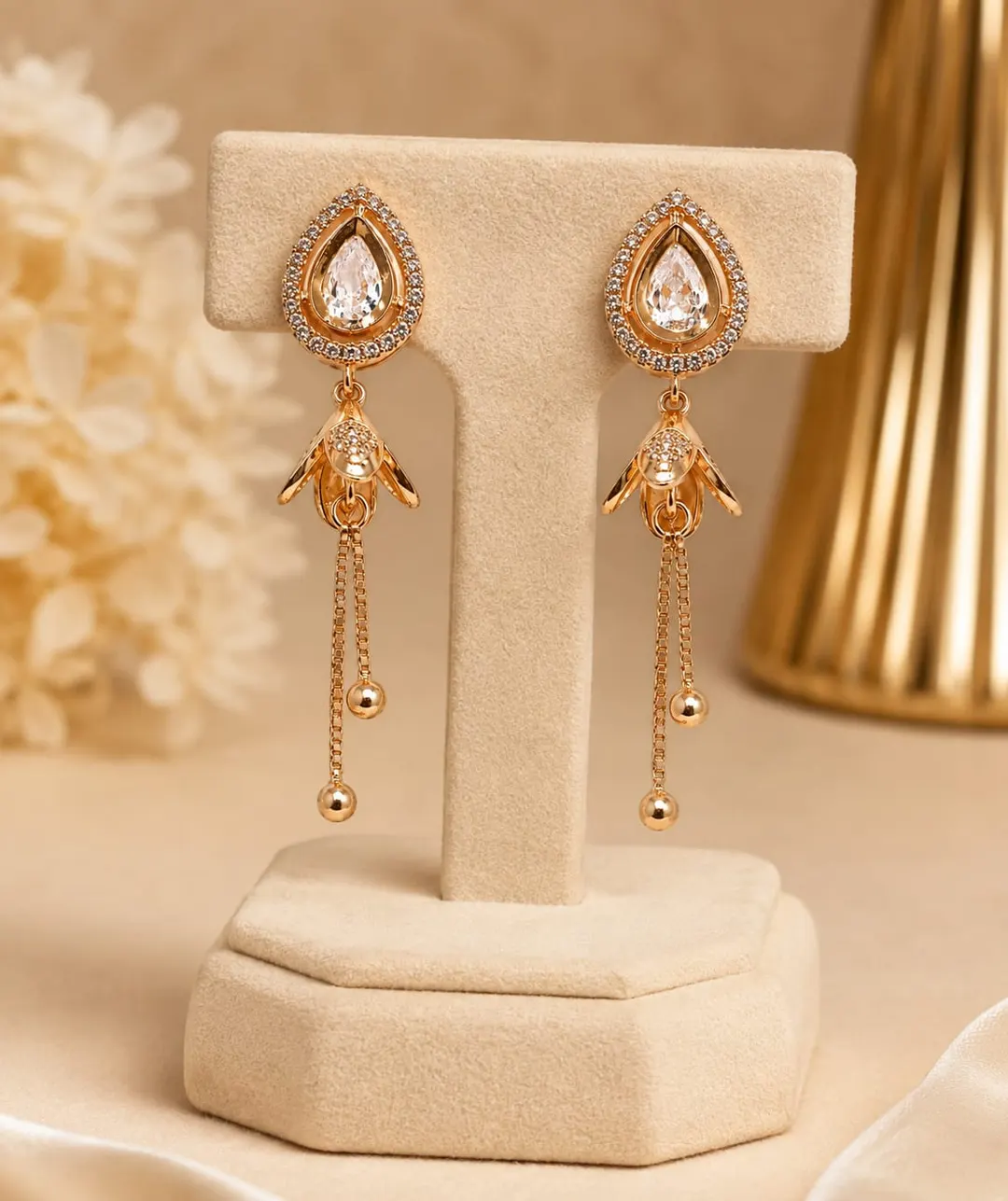 CRYSTAL TREADROP DANGLE EARRINGS WITH CHARM & CHAIN DROP 