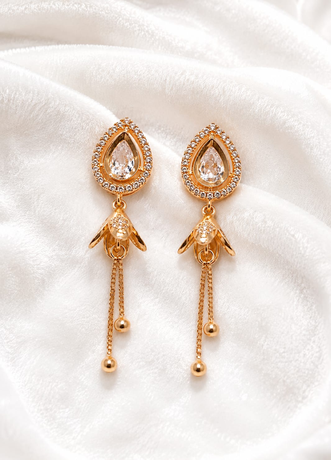 CRYSTAL TREADROP DANGLE EARRINGS WITH CHARM & CHAIN DROP 