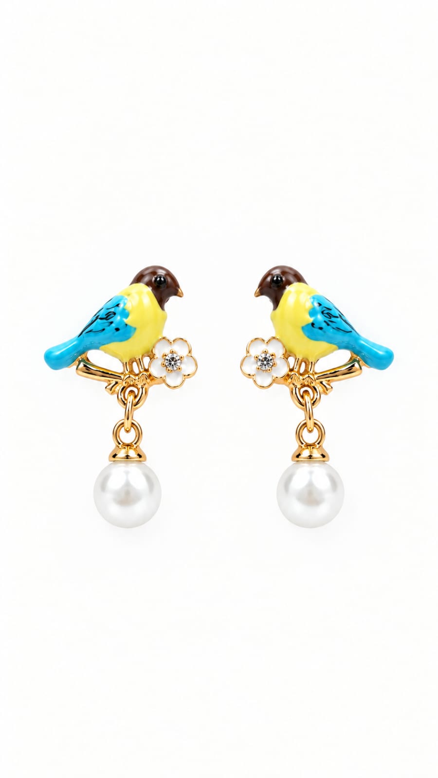 ENAMEL BIRD ON BRANCH PREAL DROP EARRING