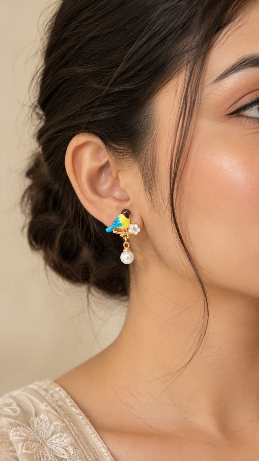 ENAMEL BIRD ON BRANCH PREAL DROP EARRING  