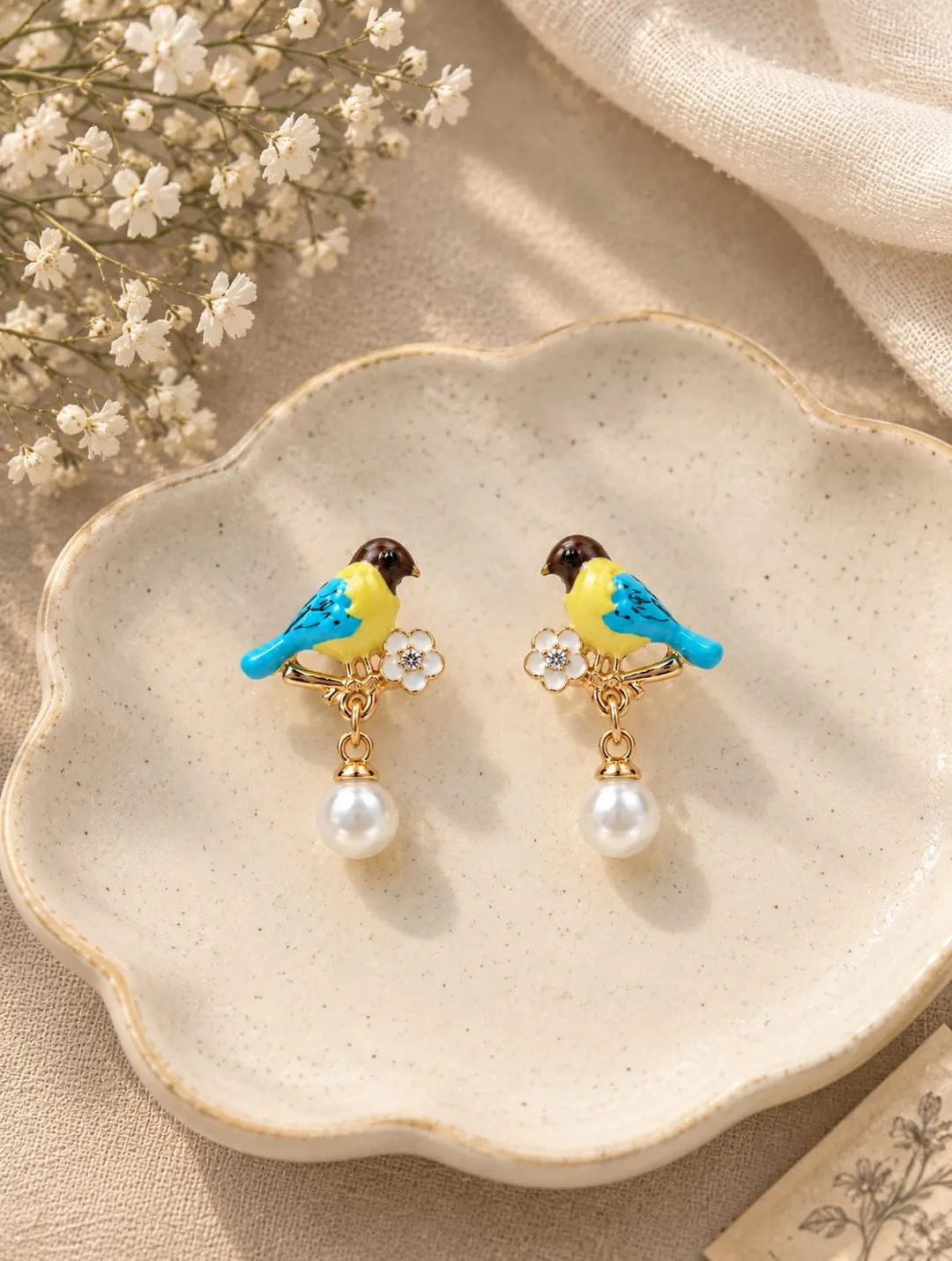 ENAMEL BIRD ON BRANCH PREAL DROP EARRING  
