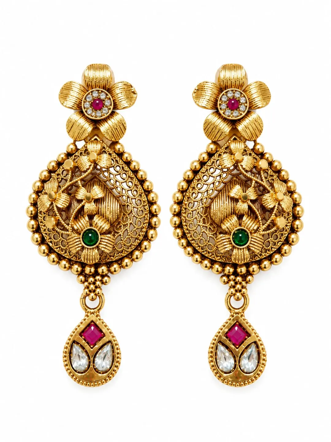 ANTIQUE GOLD FLORALKUNDAN DROP EARRINGS WITH RED & WHITE STONES