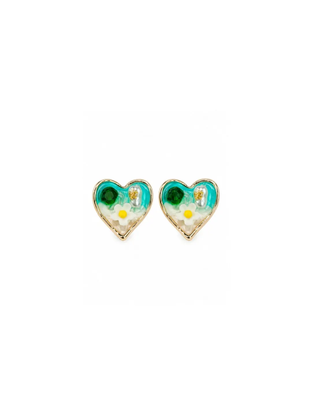 HEART RESIN STUD FLORAL & GOLD PALTED EARRINGS