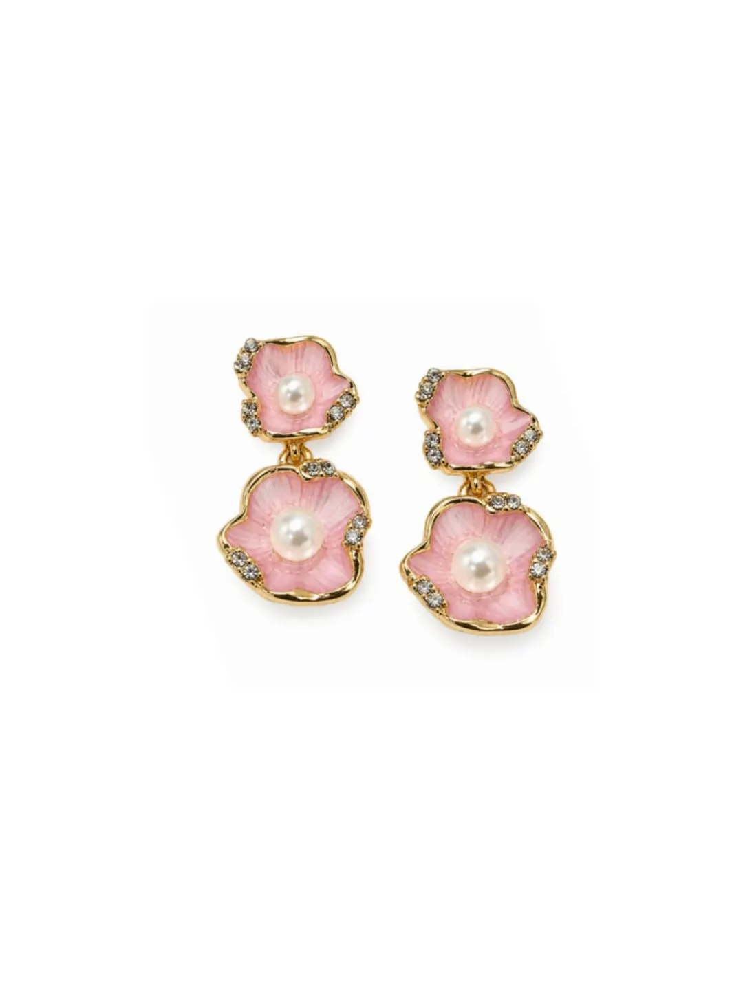 GOLD PLATED PINK DRUZY QUARTZ DOUBLE DROP STATEMENT EARRING
