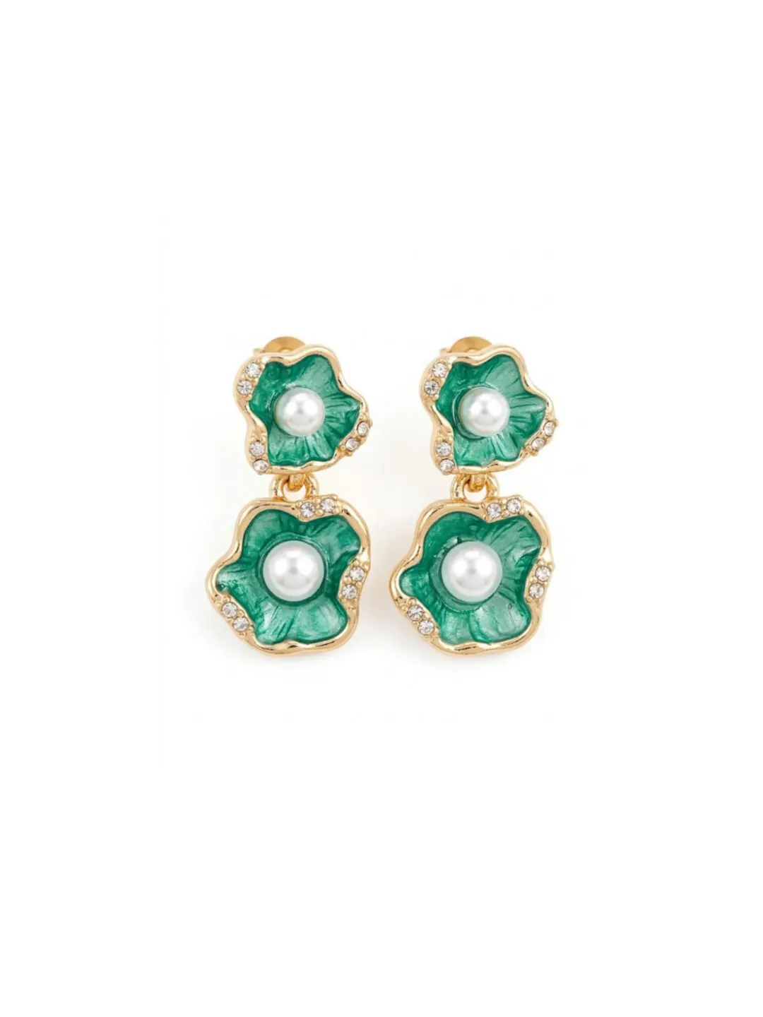 GOLD PALTED GREEN ENAMEL DOUBLE FLOWER EARRING