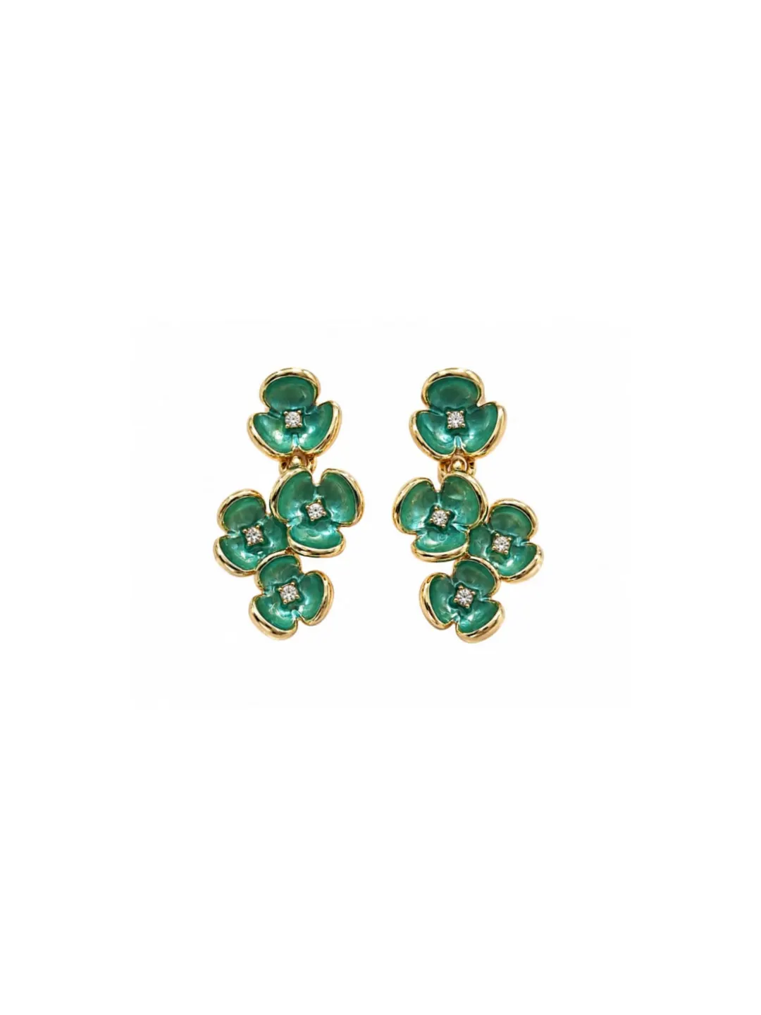 TEAL GREEN ENAMEL FLOWER CLUSTER STUD GOLD TONE FLORAL EARRING