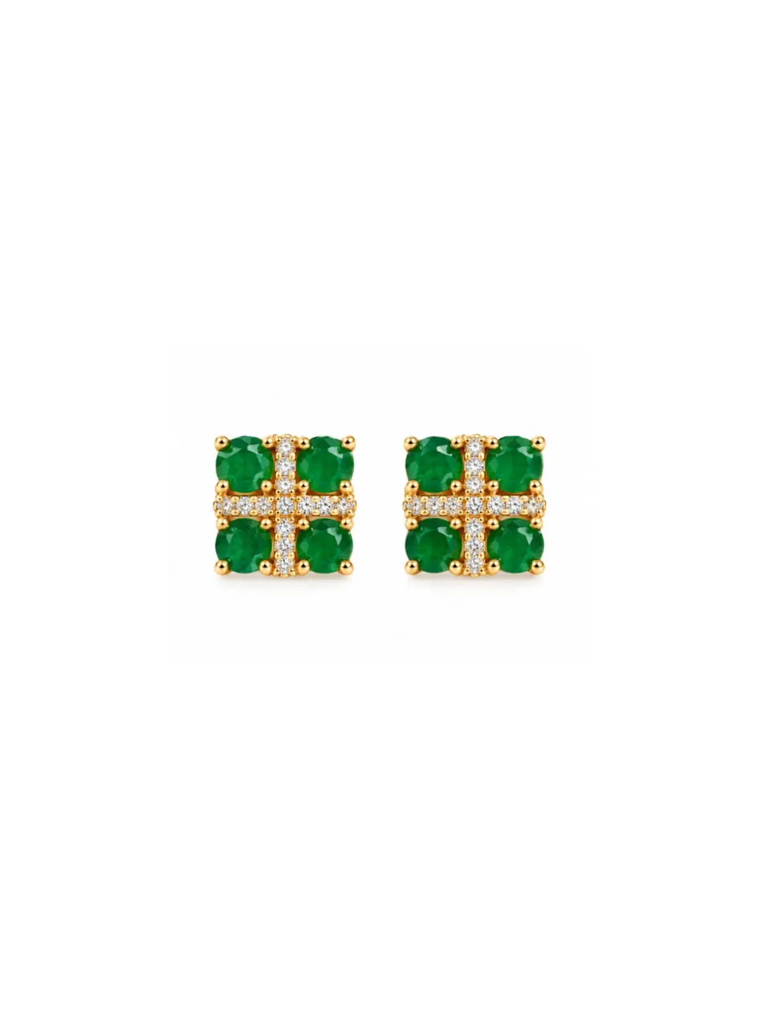 GREEN GEMSTONE SQUARE CROSS PATTERN STUD EARRING