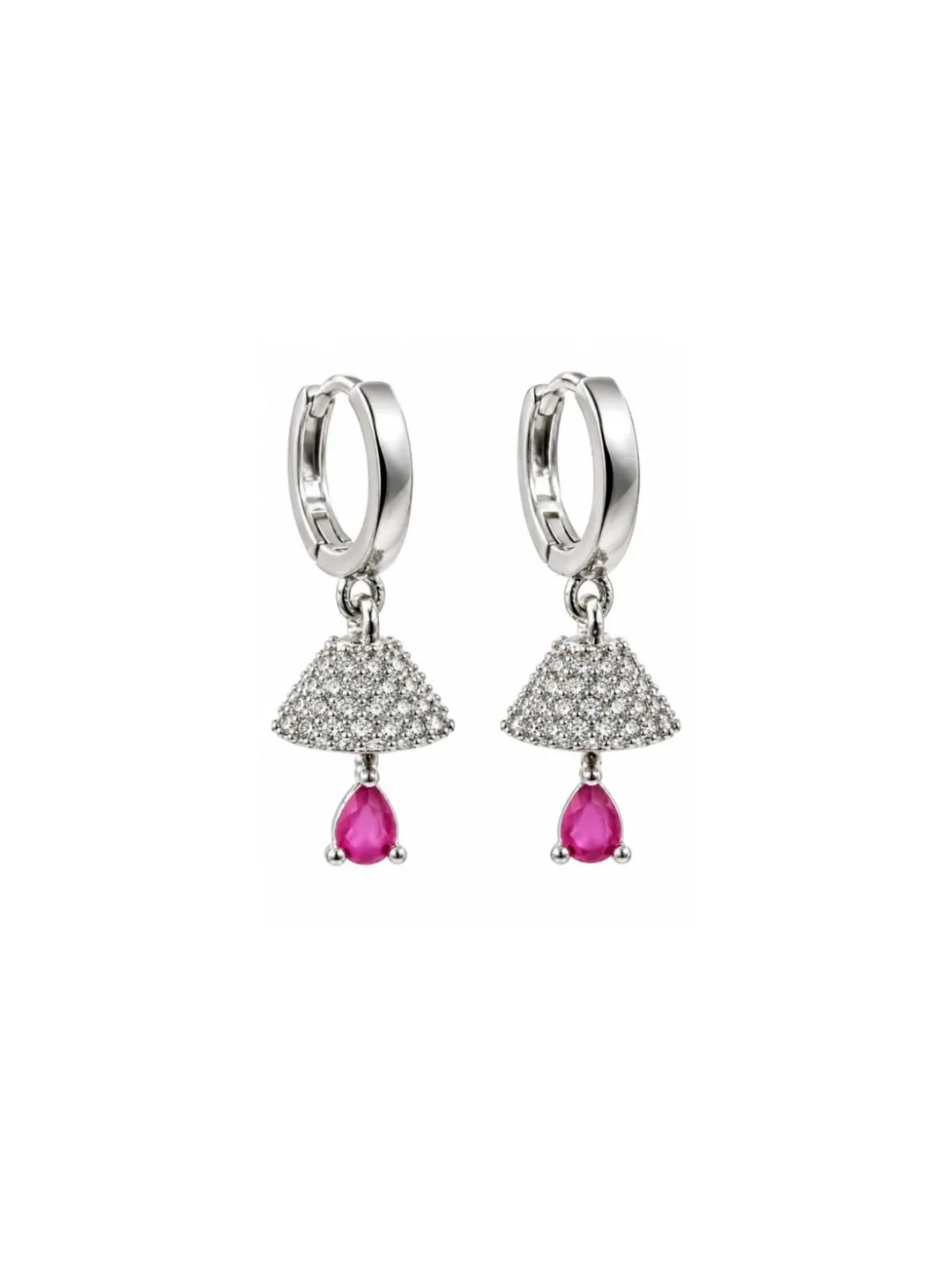 SILVER PLATED CZ UMBRELLA DANGLE HUGGIE HOOP EARRINGS WITH PINK TEARDROP CRYSTAL