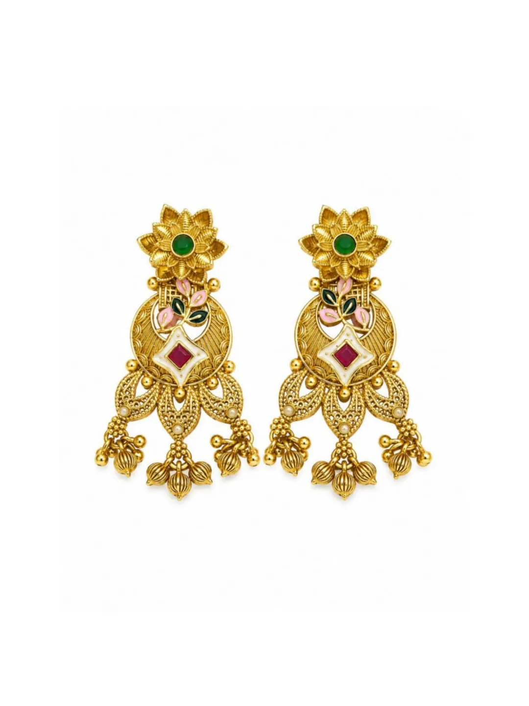 FLORAL RED & GREEN LONG GOLD-PLATED DANGLER